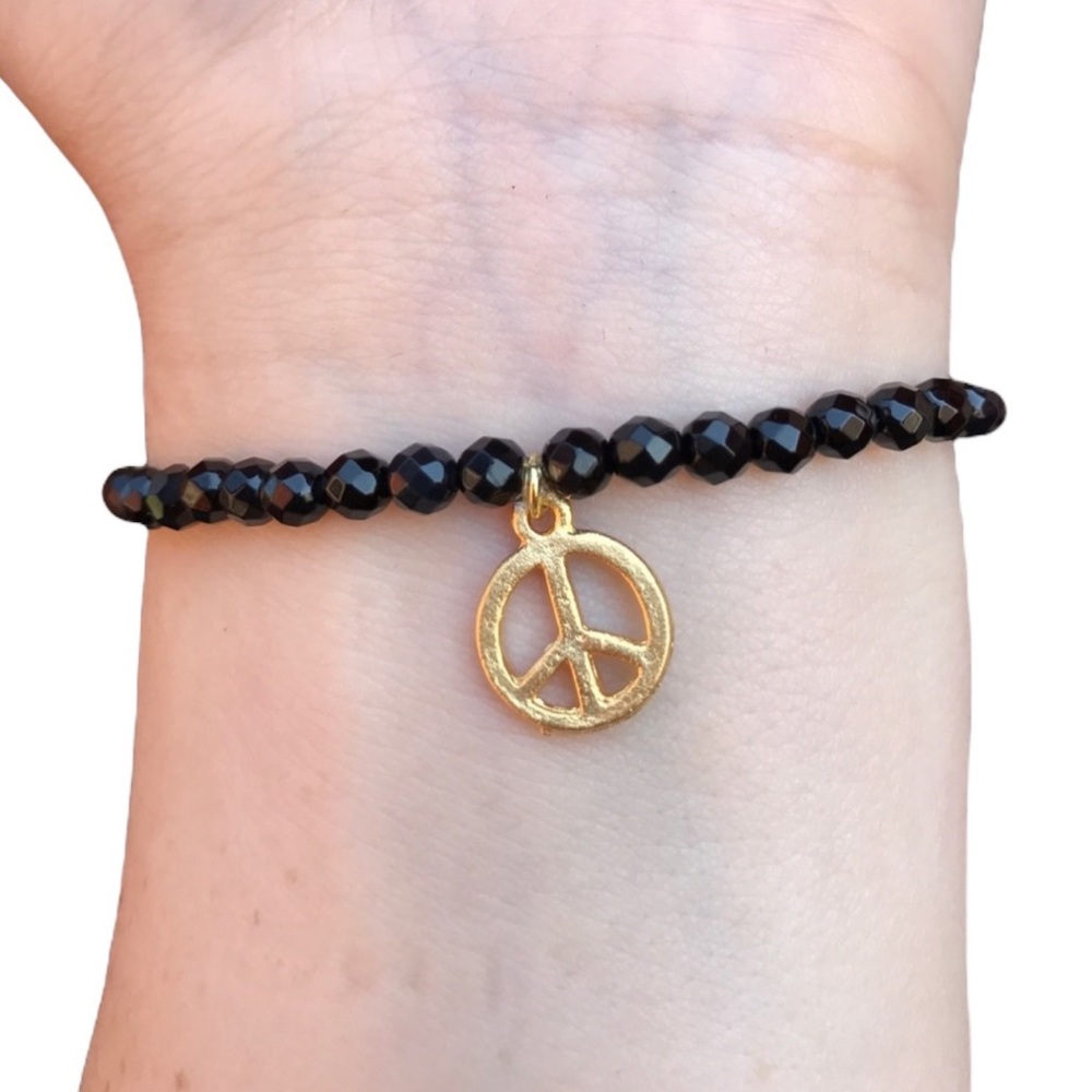 Peace Sign black Beaded stretch Bracelet